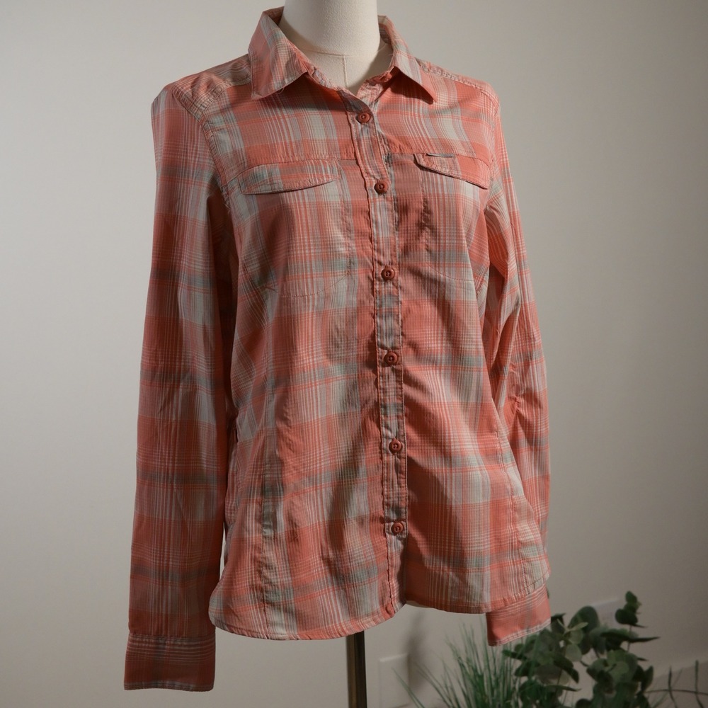 Columbia Womens Coral Plaid Long Sleeve Hiking Shirt Size S Vent Back